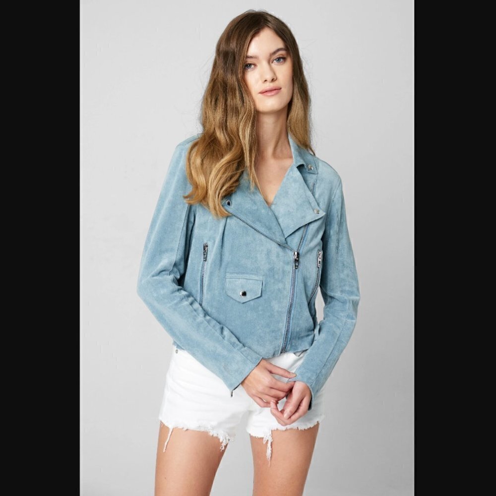 BlankNYC Brickwall Ocean Wave Blue Faux Suede Moto Jacket XS NWT